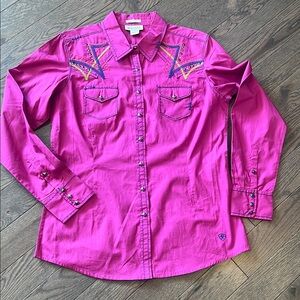 Ariat Metal Snap Western Shirt Womens L Pink embroidered Embellished Long Sleeve